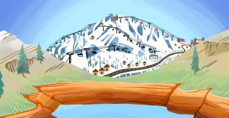 An illustration depicting a snowy mountain with ski chalets and chair lifts on it, with a pond in the foreground.