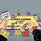 An illustration of a board game called Lucky Leases, which resembles Monopoly.