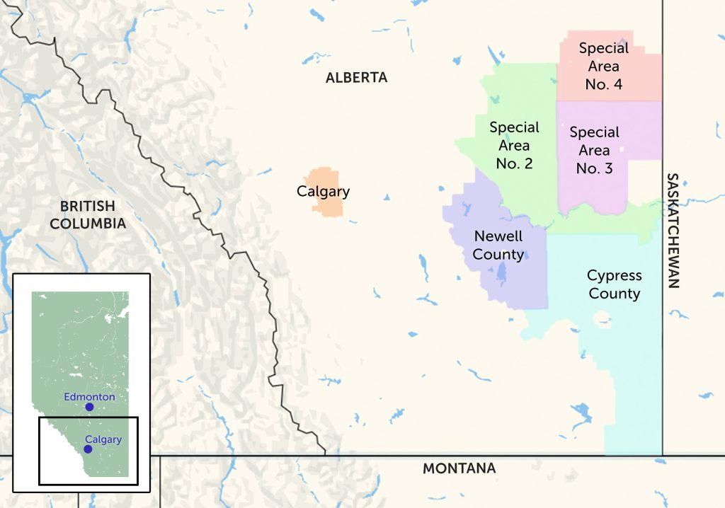 A map of southern Alberta with six regions highlighted: the city of Calgary, Newell County, Cypress County and Special Areas No. 2, 3 and 4.