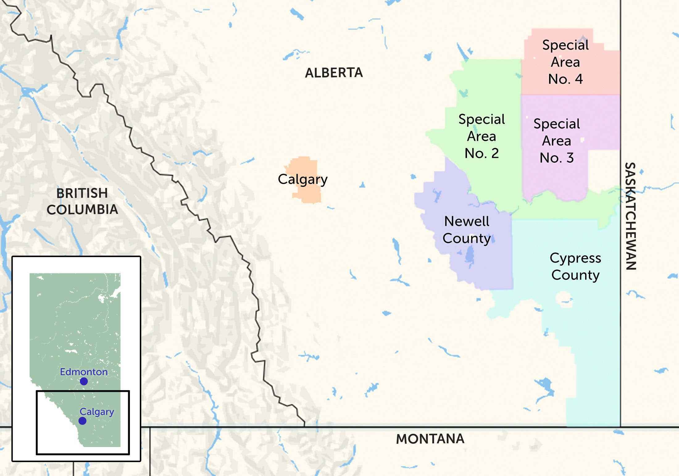 A map of southern Alberta showing County of Newell, Cypress County and special areas