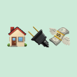 An illustration of three emojis; a house, an electrical plug and money with wings.