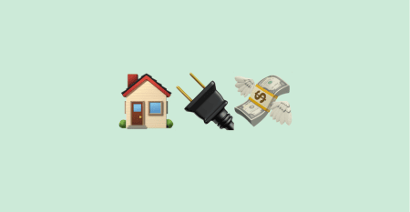 An illustration of three emojis; a house, an electrical plug and money with wings.