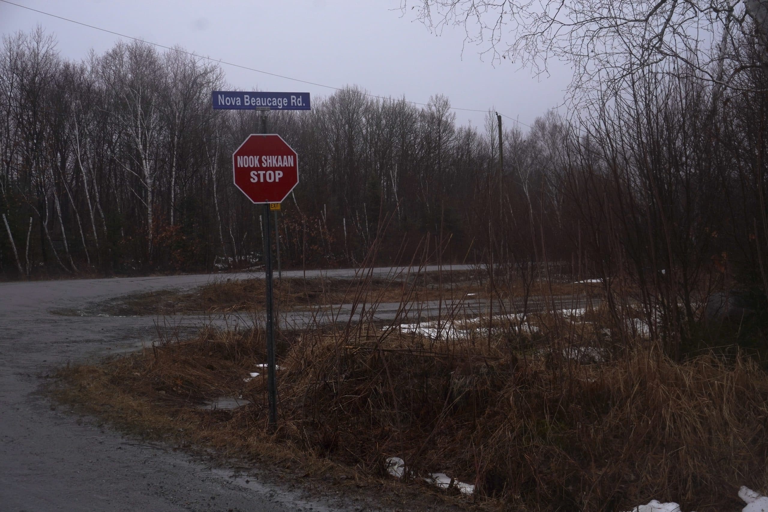 On a grey cloudy day, a blue street sign reads "Nova Beaucage Rd." hanging above a Stop sign written in English and Anishinaabemowin: "Nook Shkaan". It is surrounded by road and forest.