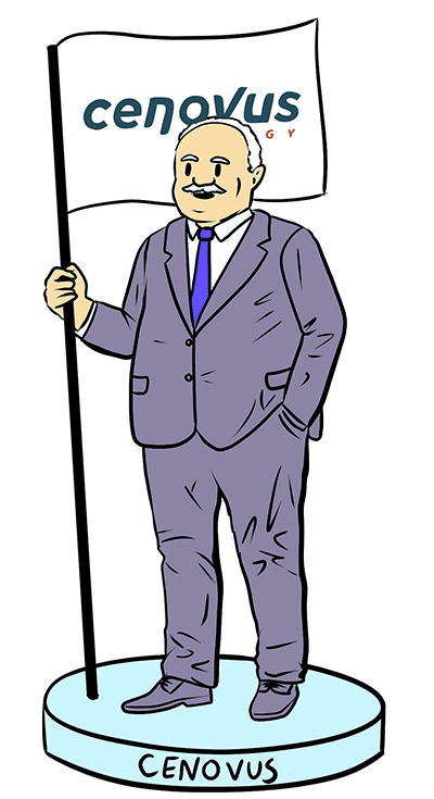 A man in a grey suit holding a flag reading 'Cenovus'