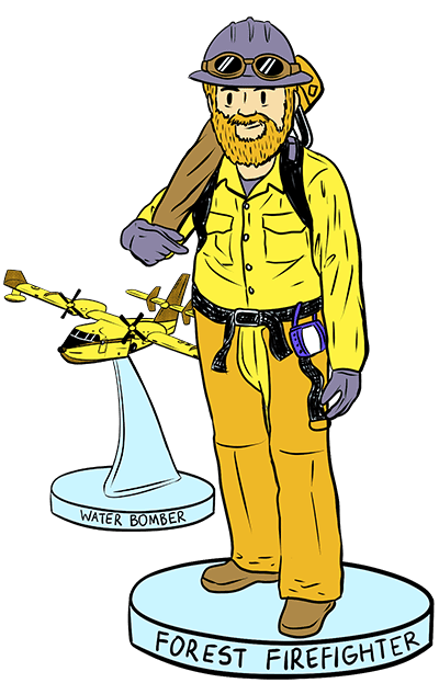 An illustration of a forest firefighter and a waterbomber plane in the background