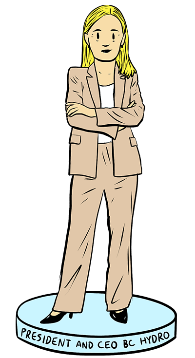An illustration of a woman in a tan suit.