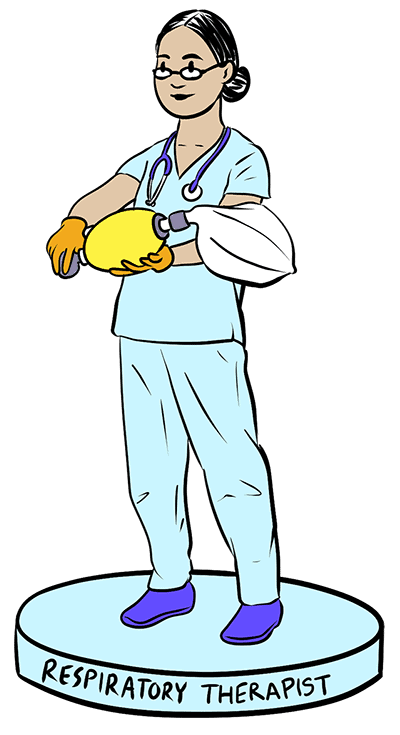 An illustration of a respiratory technician holding a breathing device.