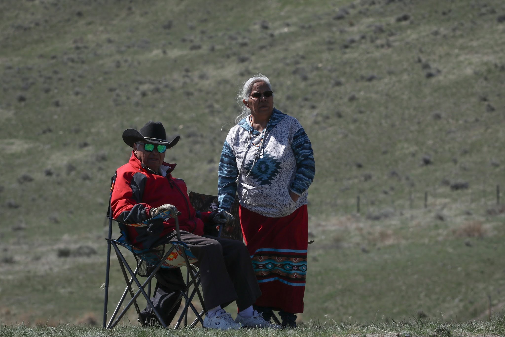 An older couple in a field, watching an owl release. 
