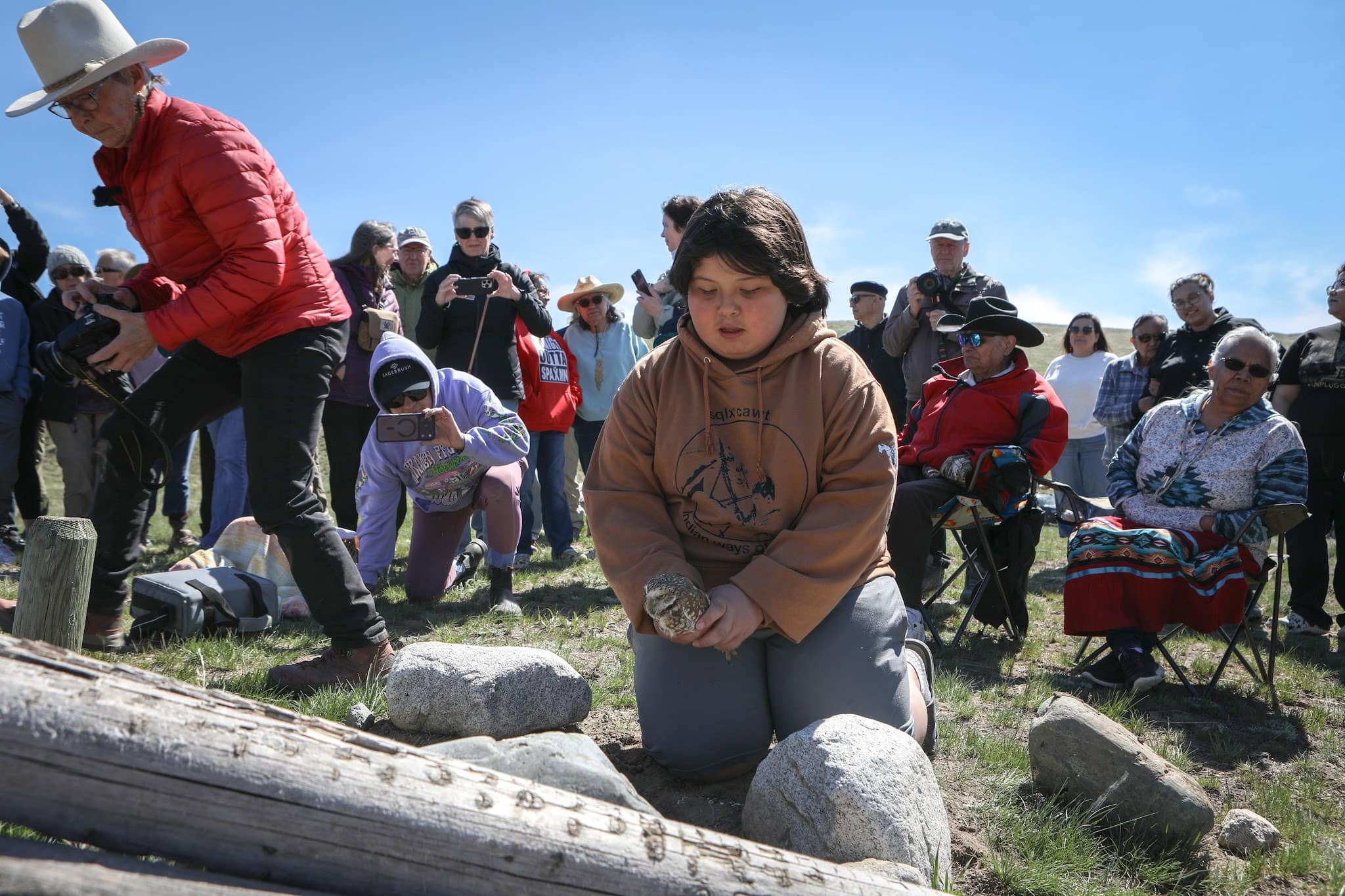 A boy in a brown sweatshirt kneels in front of a log with a small owl in his hands, in a grassy field under a blue sky. Behind him many people stand and sit to watch. 