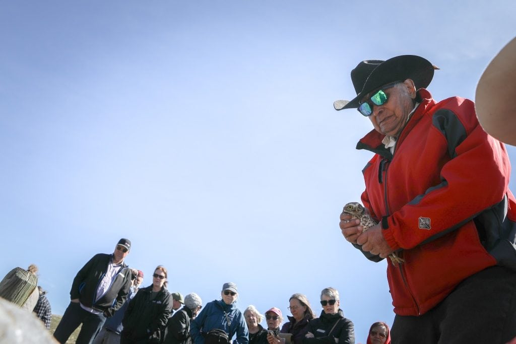 A man in mirrored sunglasses, a cowboy hat and a red jacket holds a small owl in his hands under a blue sky.