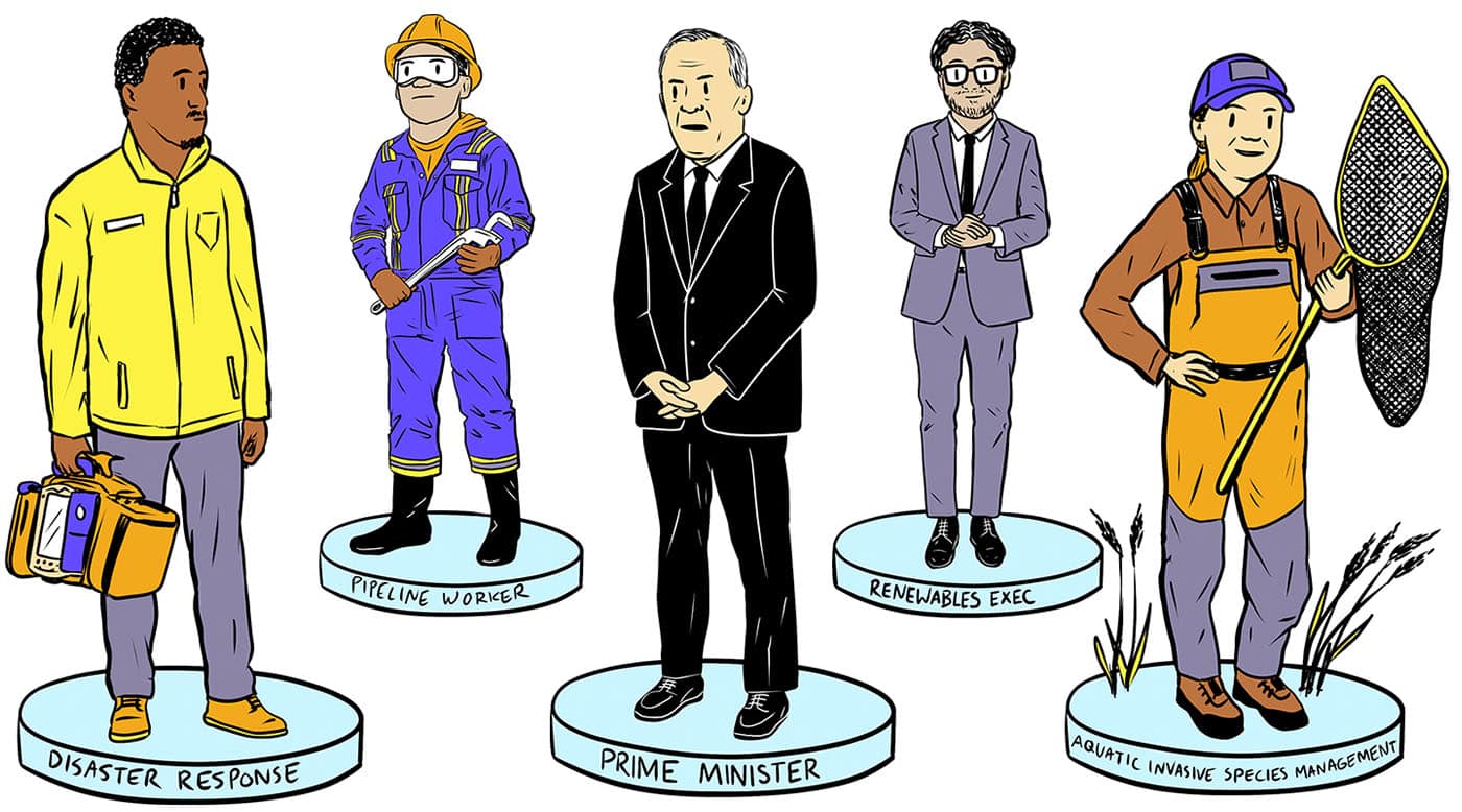 An illustrated collection of little figure-like people with various jobs: including pipeline worker, emergency responder, prime minister, CEO, and scientist
