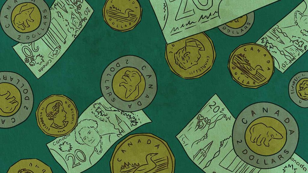 An illustration of Canadian loonies, toonies, and twenty-dollar bills.