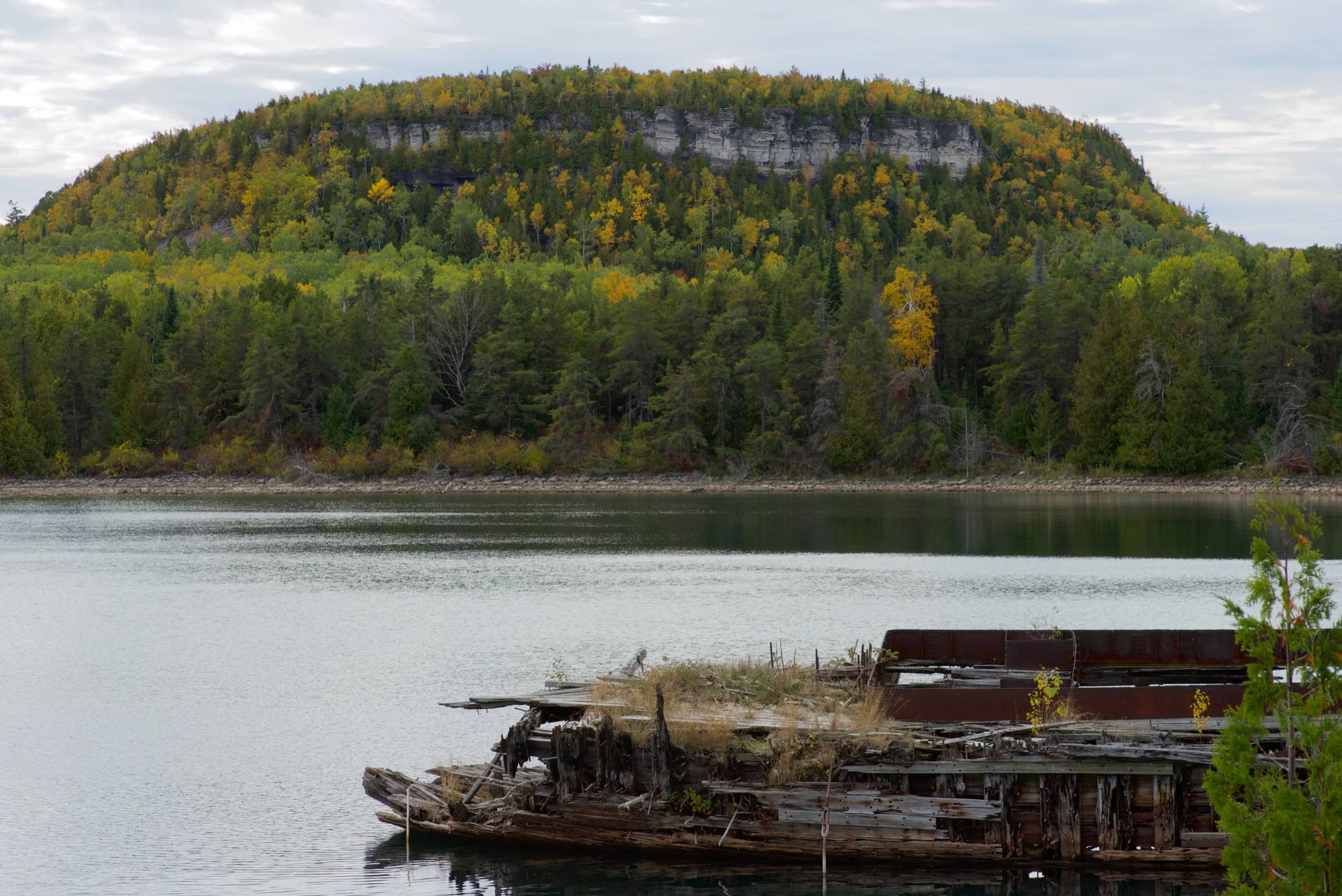 The edge of a lake with a large tree-covered bluff in the distance.