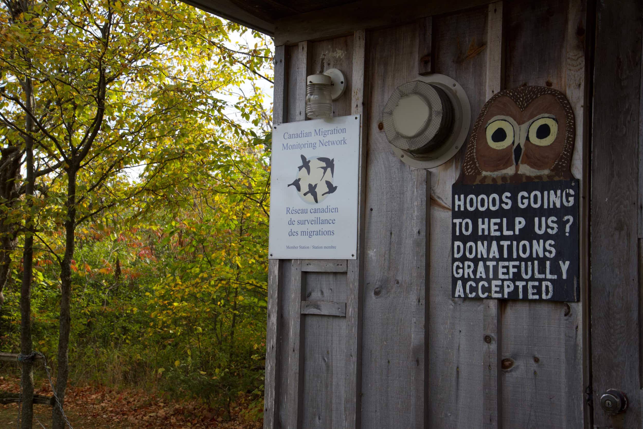 a wooden shed with a sign read "Hoos going to help us? Donations gratefully accepted."