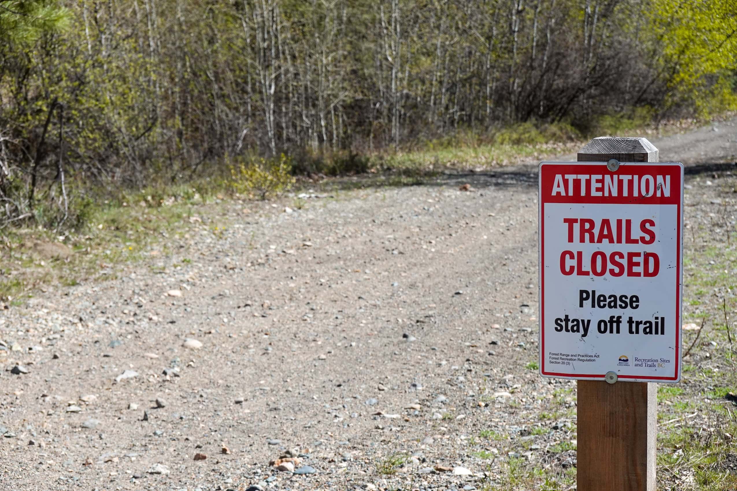 A dirt road with a "trails closed" warning sign in front of it.