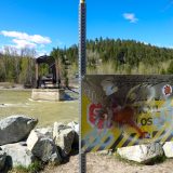 The Kettle Valley Rail bridge broken off from the rest of the trail, with water flowing beneath it. A sign in front reads "trail closed."