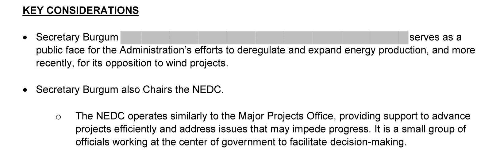 Screenshot of some text titled "Key considerations" with a bullet point that says in part, "The NEDC operates similarly to the Major Projects Office"