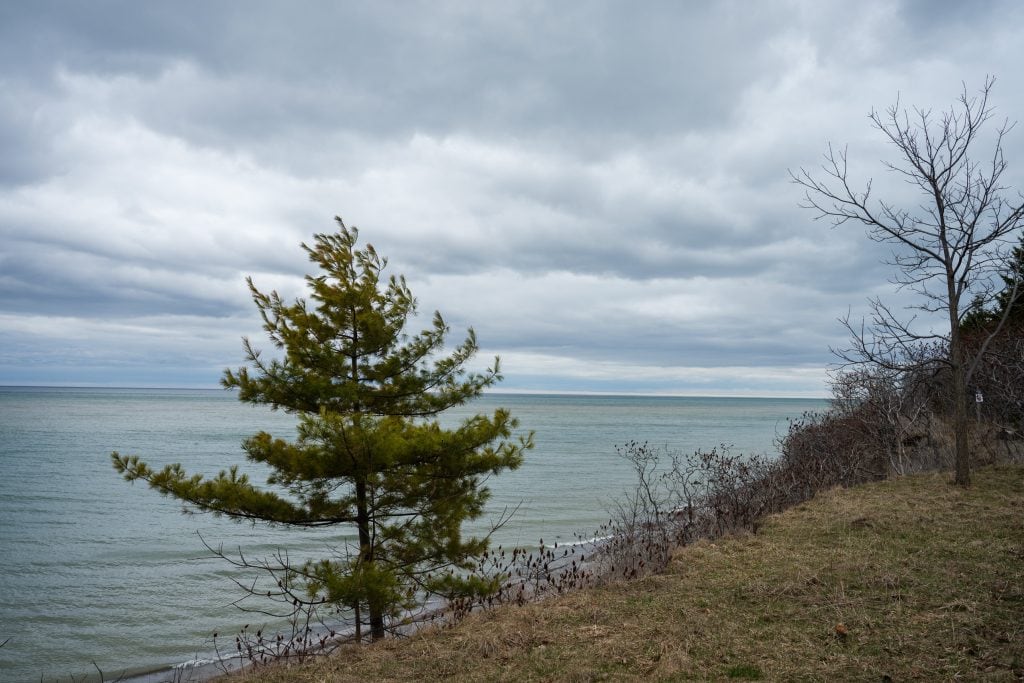 The shore of Lake Ontario at Petticoat Creek Conservation Area in Pickering, Ontario.
