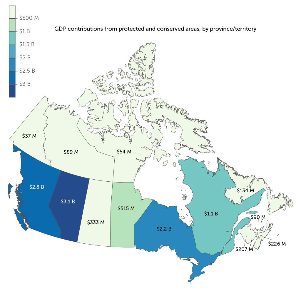 Map comparing the GDP generated by protected areas in provinces and territories