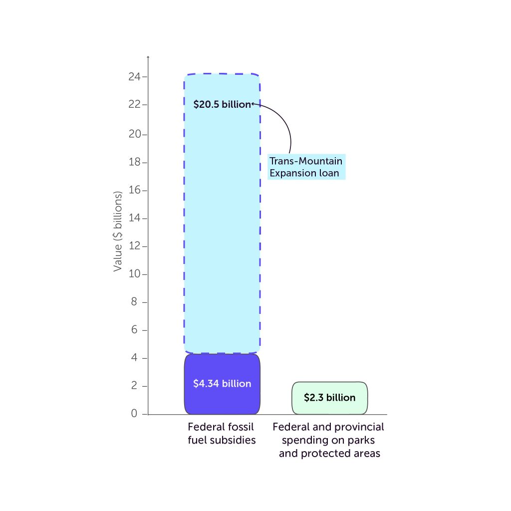 Bar chart comparing federal government subsidies for fossil fuels (over $24 billion) to government spending on parks and protected areas ($2.3 billion)