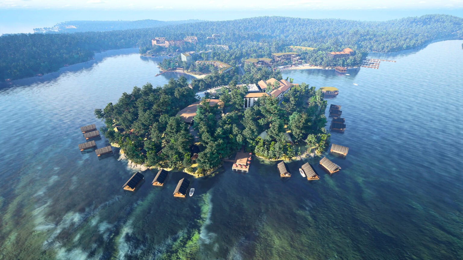 A developer's rendering shows a large development plant for hotels, condominiums, docks and more in the blue waters of Cliff Bay in Lake Muskoka, Ontario.
