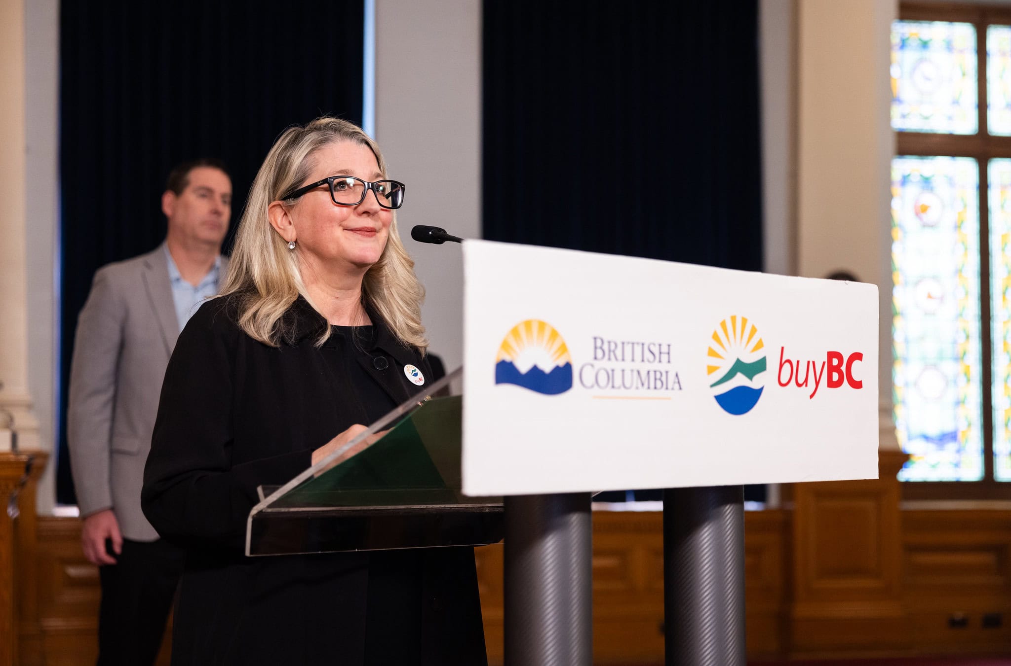 B.C. Agriculture Minister Lana Popham speaks at a press conference.
