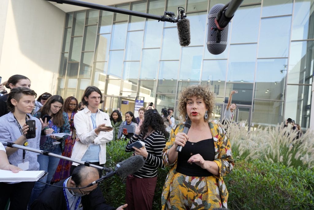Climate campaigner Catherine Abreu speaks to media.