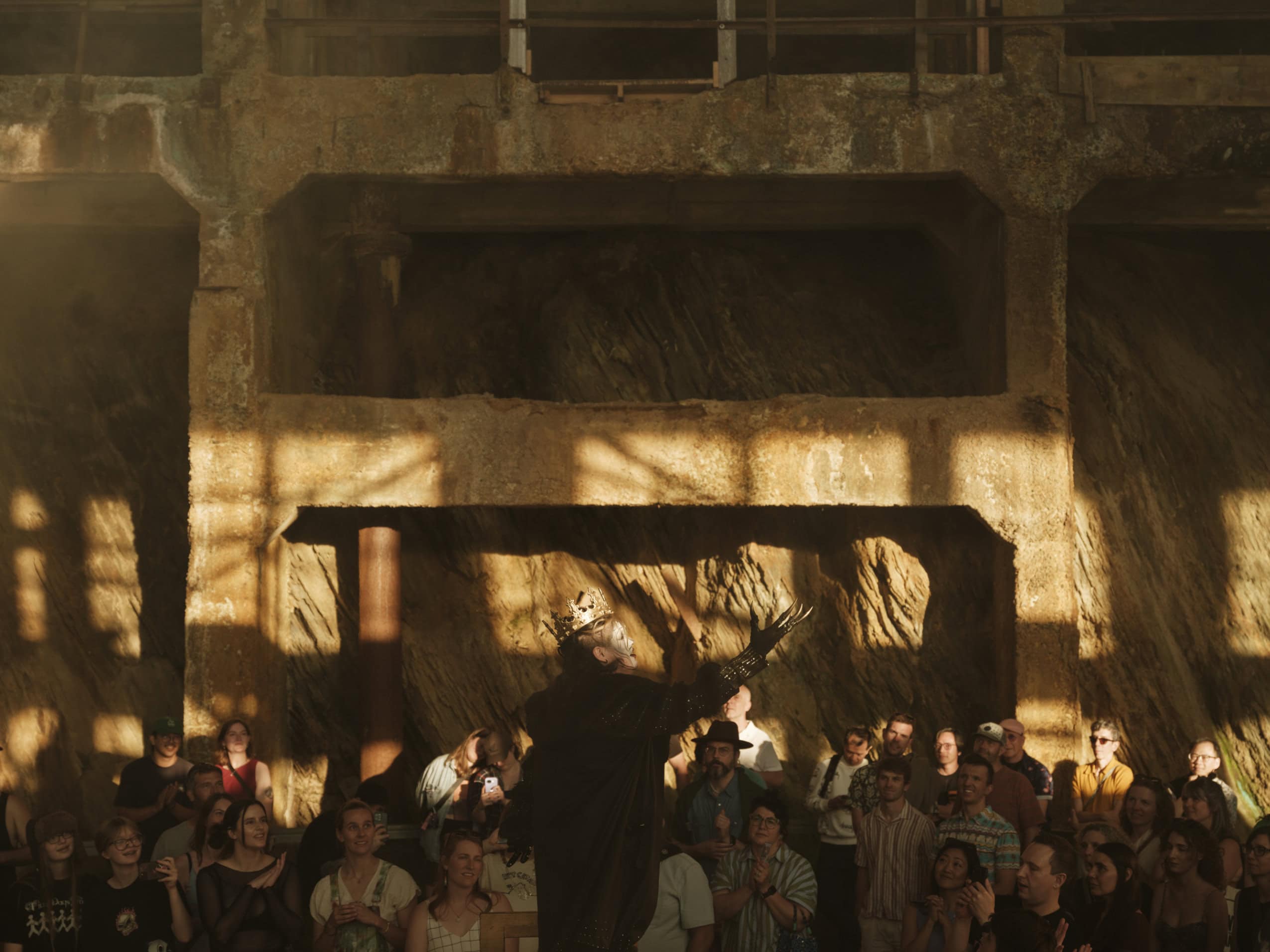 Drag artist Vincent Rice performs for a crowd in a former copper mine in Britannia Beach, B.C.