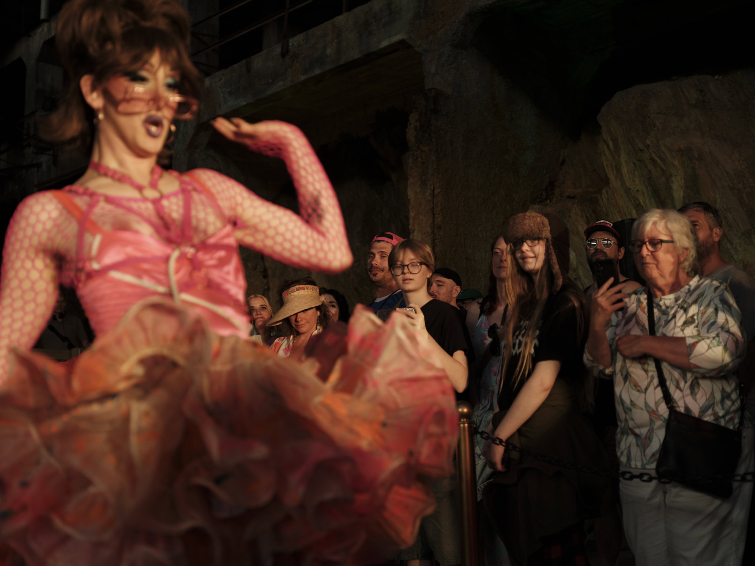 An all-ages audience watches drag artist Nora Vision perform at the Britannia Mine Museum in Britannia Beach, B.C.