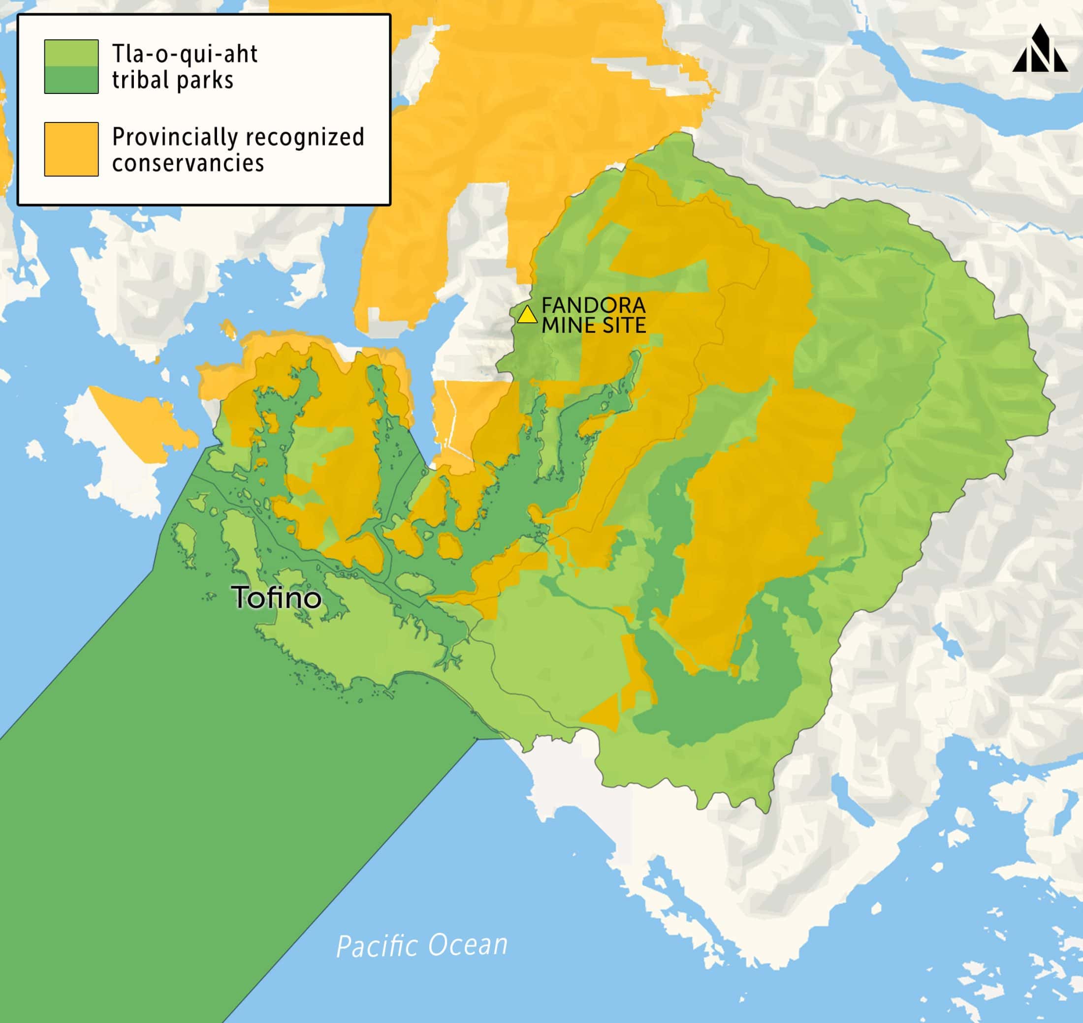 A map of tribal parks and conservancies showing the Fandora mine site falls within tribal parks.