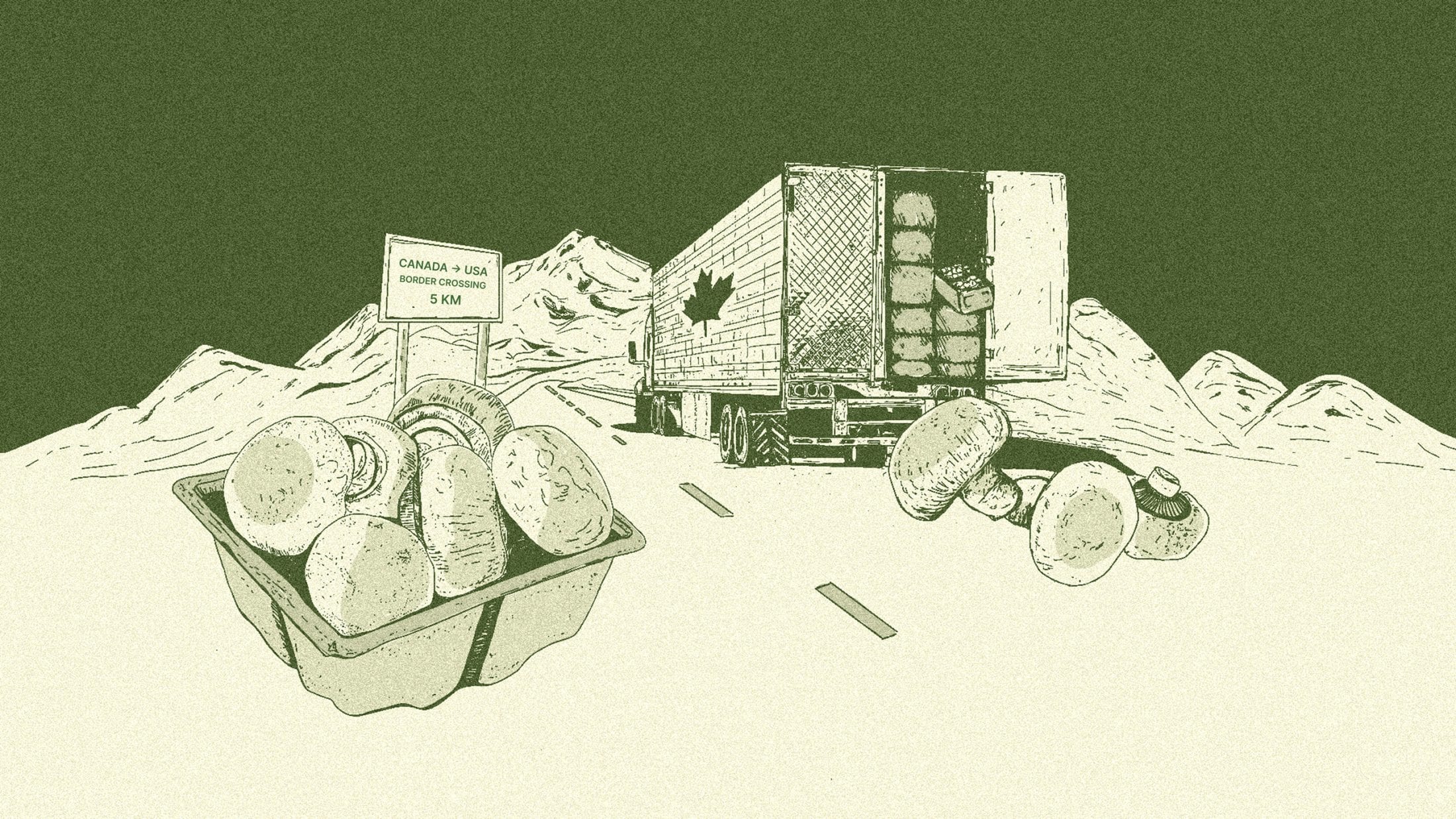 An illustration showing a long-haul truck and a tray of mushrooms.
