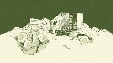 An illustration showing a long-haul truck and a tray of mushrooms.
