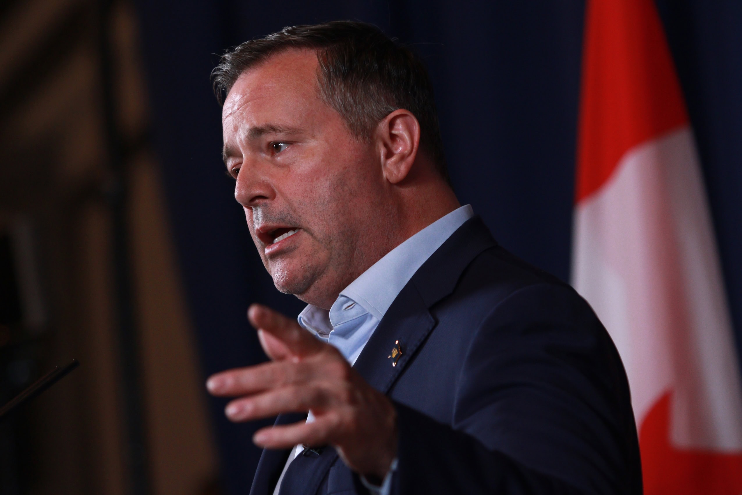 Former Alberta premier Jason Kenney speaks at a press conference.