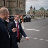 Steven Guilbeault speaks to Narwhal reporter Carl Meyer after announcing his resignation, in Ottawa on May 27, 2026.