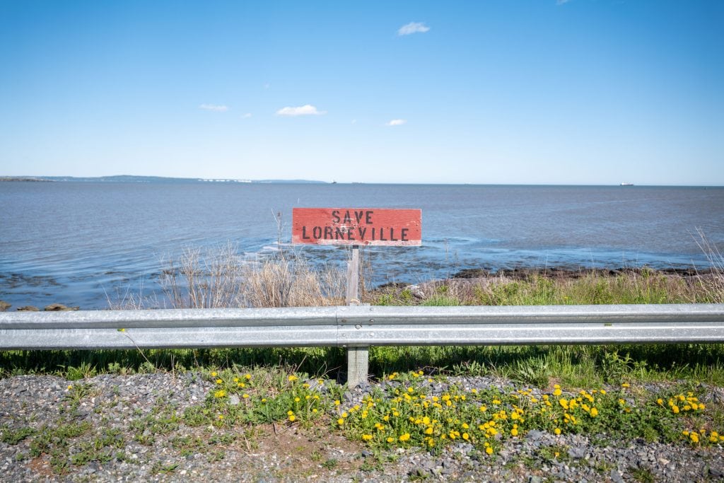 A ‘Save Lorneville’ sign seen at the wharf in the Lorneville neighbourhood of Saint John, NB.