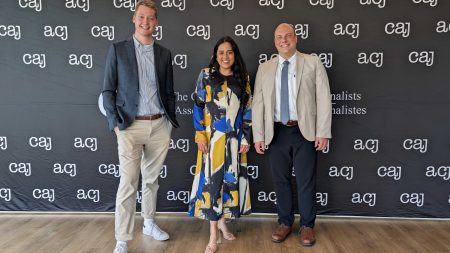 L. Manuel Baechlin, Fatima Syed and Carl Meyer are wearing semi-formal clothing and standing in front of a background that says "CAJ ACJ" in a repeating pattern.