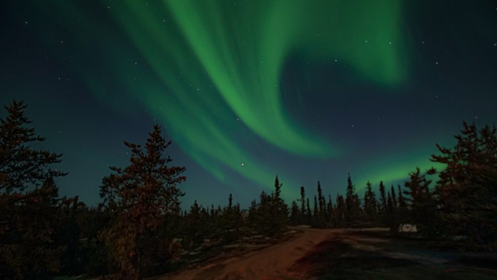 The Northern Lights swirl green in a dark sky over a forested area with a hut in the background.