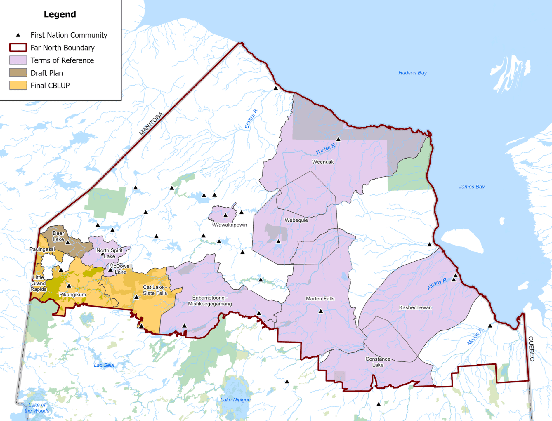 A map of northern Ontario with a legend on the site to point to reserves and the far north boundary