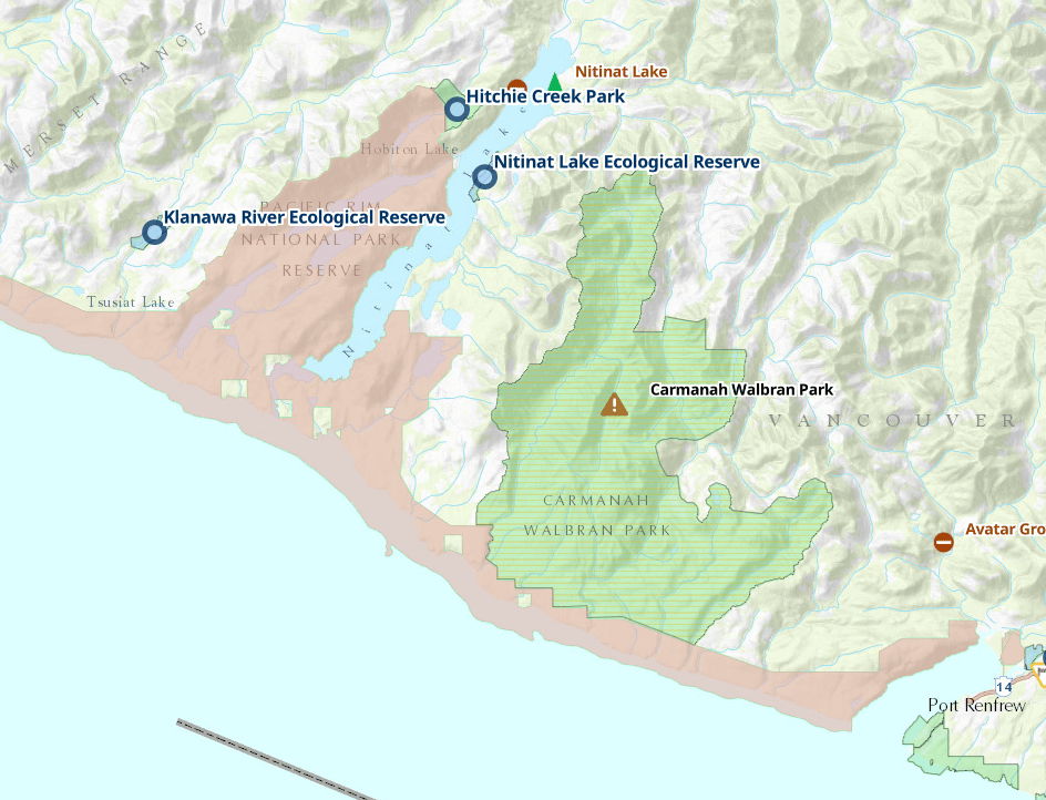 A map of the Carmanah Walbran Park, outlined in green, which shows the distinctive "bite" taken out of the park's boundary.