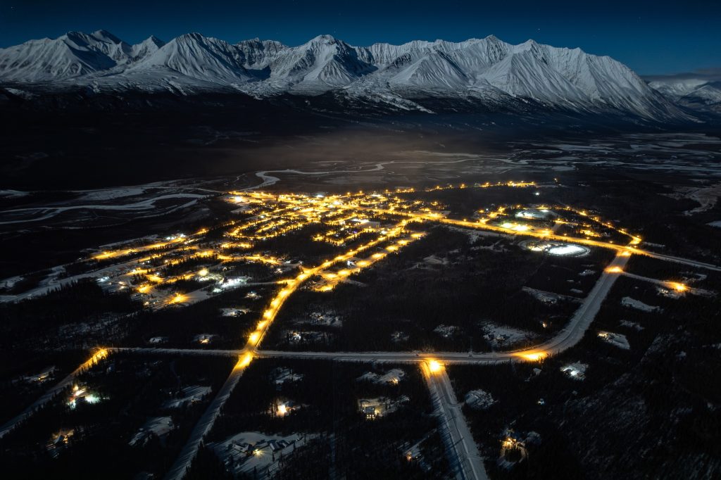 An aerial view by night of Haines Junction, Yukon.