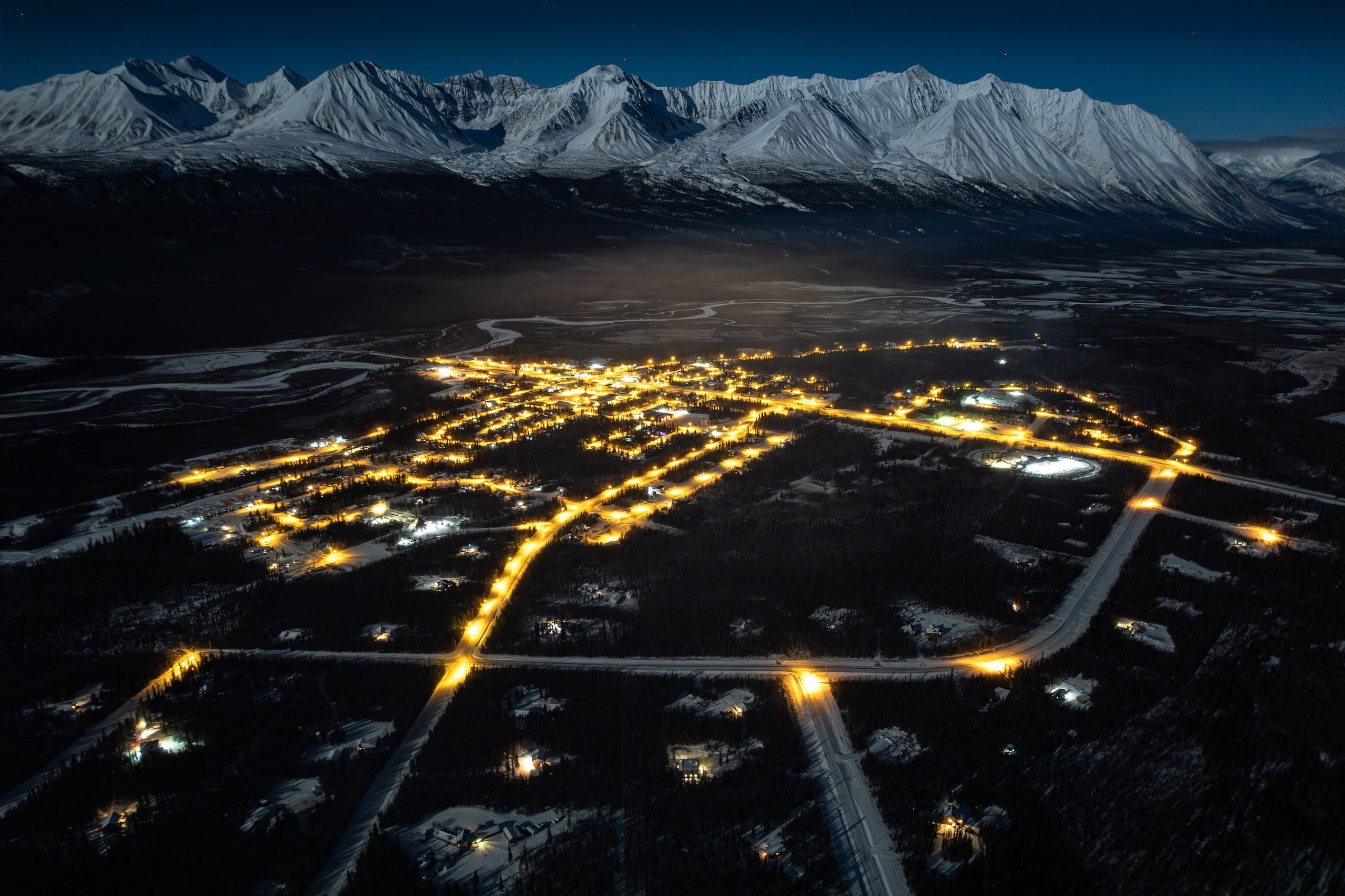 An aerial view by night of Haines Junction, Yukon.