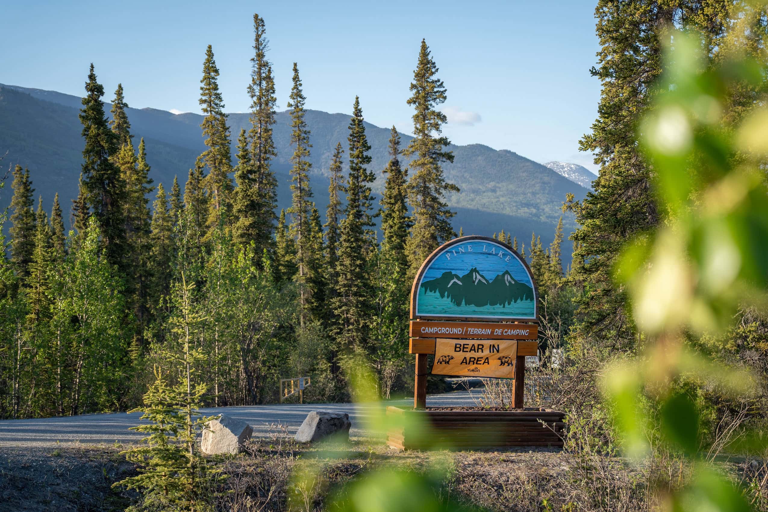 A campground sign that reads "Bear in the area."