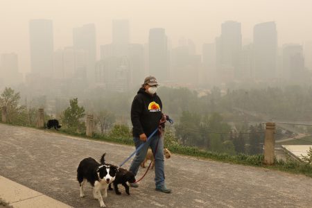 A person walks their dog against Calgary's wildfire-smoke-coloured skyline.