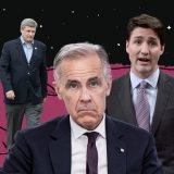 Former prime ministers Stephen Harper and Justin Trudeau, and current Prime Minister Mark Carney, are standing on the surface of a pink planet.