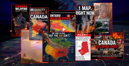 An animation showing a number of posts from social media, which depict distorted and AI-generated maps of Canada.