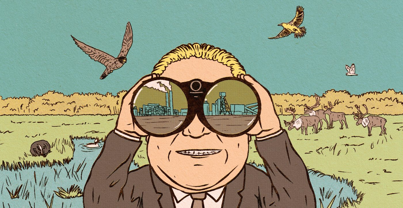 A landscape of a wetland in Ontario with Doug Ford looking through binoculars to an industrial building