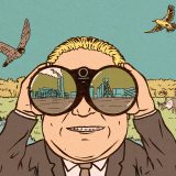 An illustration of natural area with Ontario Premier Doug Ford looking through binoculars to an industrial building.