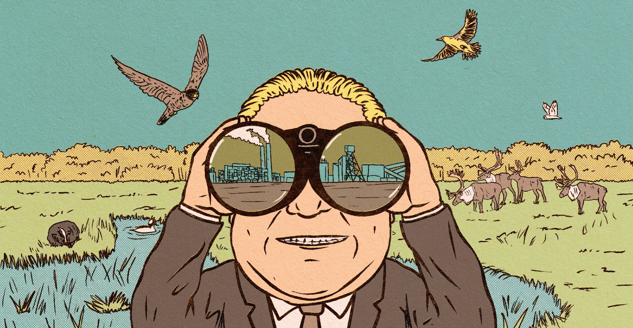 A landscape of a wetland in Ontario with Doug Ford looking through binoculars to an industrial building