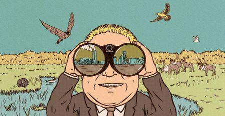 An illustration of natural area with Ontario Premier Doug Ford looking through binoculars to an industrial building.
