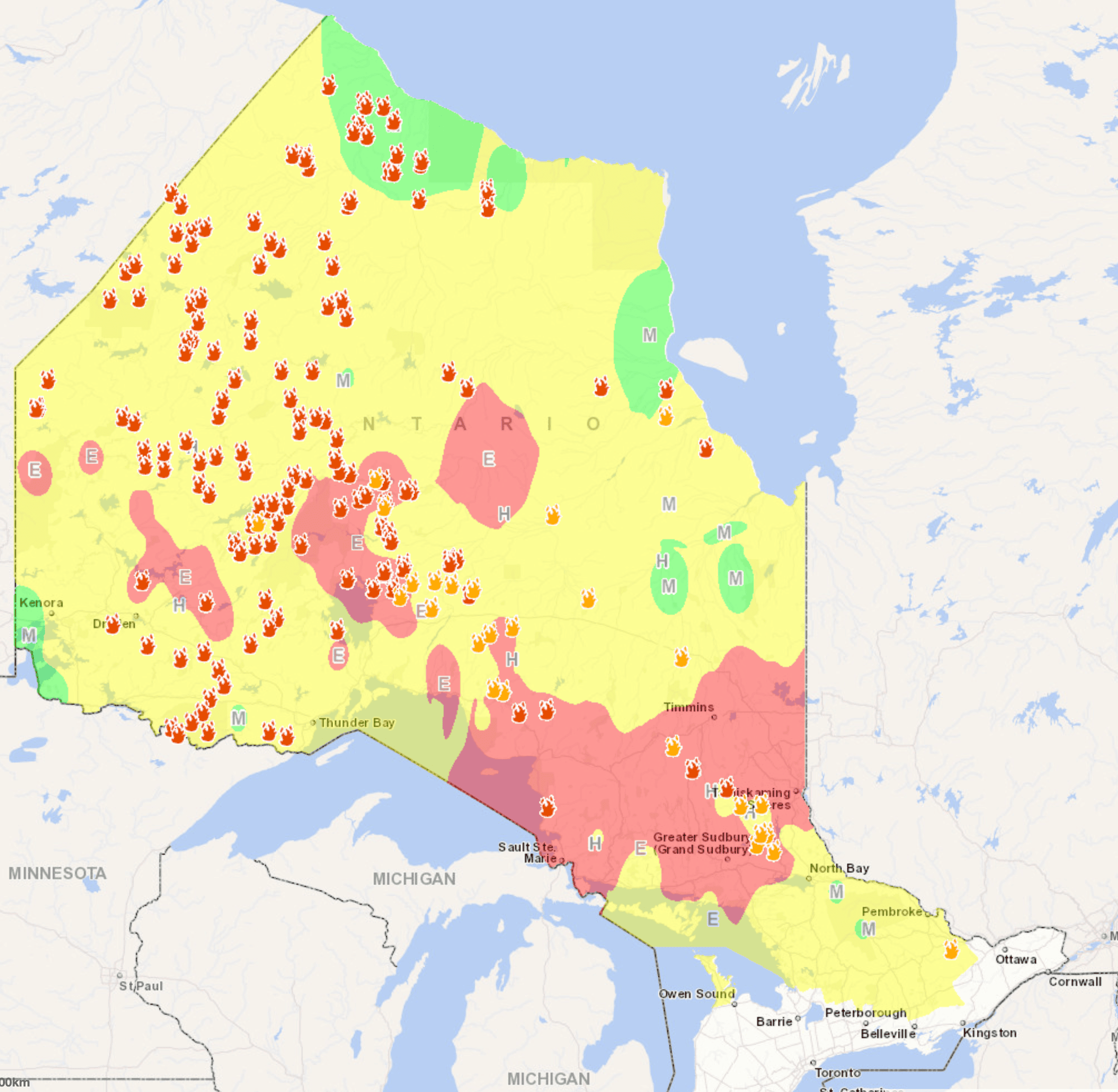 A map depicting active wildfires in Ontario. It shows over a hundred wildfires, most of them burning in the northwest of the province.
